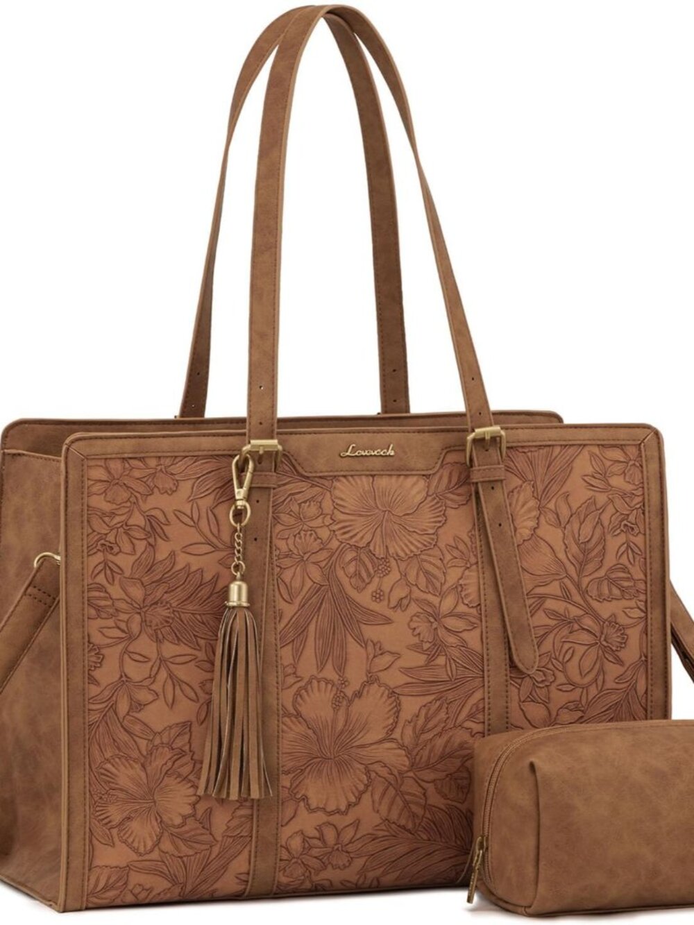 Laptop Bag for Women, Vintage Leather 15.6 Inch Work Tote with Large Cup Holder,